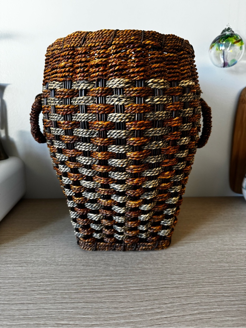 Woven Decorative Rope Basket in Brown, Tan & Black